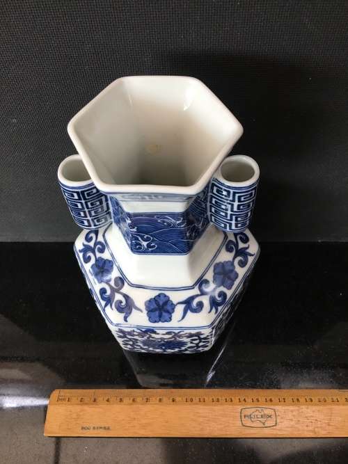 Qing Dynasty 1644-1912 Yongzheng Blue and White Longevity Hexagon Porcelain Vase with double tube