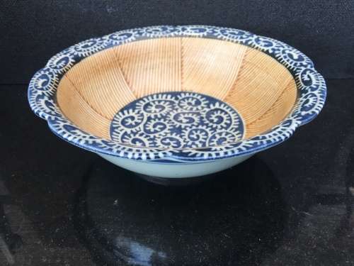 Beautiful Blue and White with brown bamboo look inner -Chinese Porcelain Serving Bowl.20.5 cm