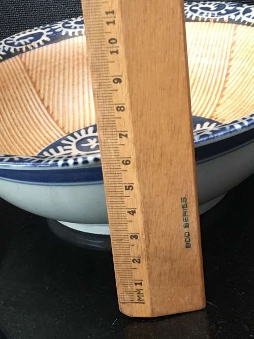 Beautiful Blue and White with brown bamboo look inner -Chinese Porcelain Serving Bowl.20.5 cm