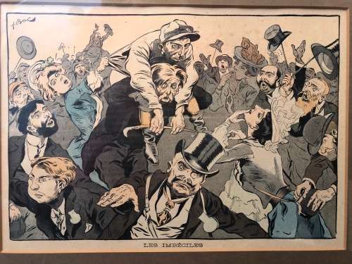 WOW !!! STUNNING FRAMED VINTAGE WOODCUT BY FERDINAND BAC TITLED "LES IMBECILES"