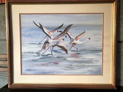 INVESTMENT !!!! PAT KITSON USA (1970 ~ ) FRAMED ORIGINAL WATERCOLOR OF FLAMINGO'S signed