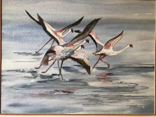 INVESTMENT !!!! PAT KITSON USA (1970 ~ ) FRAMED ORIGINAL WATERCOLOR OF FLAMINGO'S signed