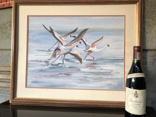 INVESTMENT !!!! PAT KITSON USA (1970 ~ ) FRAMED ORIGINAL WATERCOLOR OF FLAMINGO'S signed