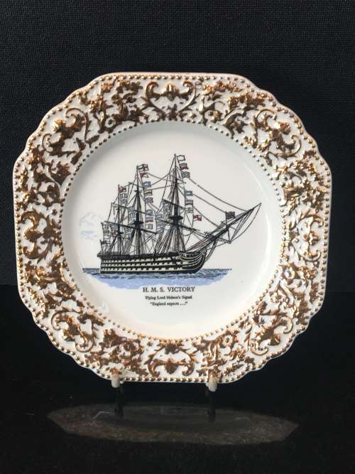Lord Nelson Pottery England Display Plate with H.M.S. Victory ship. Gold Gilt Edging.