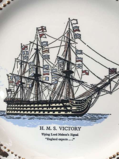 Lord Nelson Pottery England Display Plate with H.M.S. Victory ship. Gold Gilt Edging.