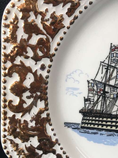 Lord Nelson Pottery England Display Plate with H.M.S. Victory ship. Gold Gilt Edging.