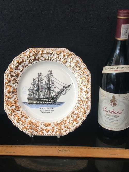 Lord Nelson Pottery England Display Plate with H.M.S. Victory ship. Gold Gilt Edging.