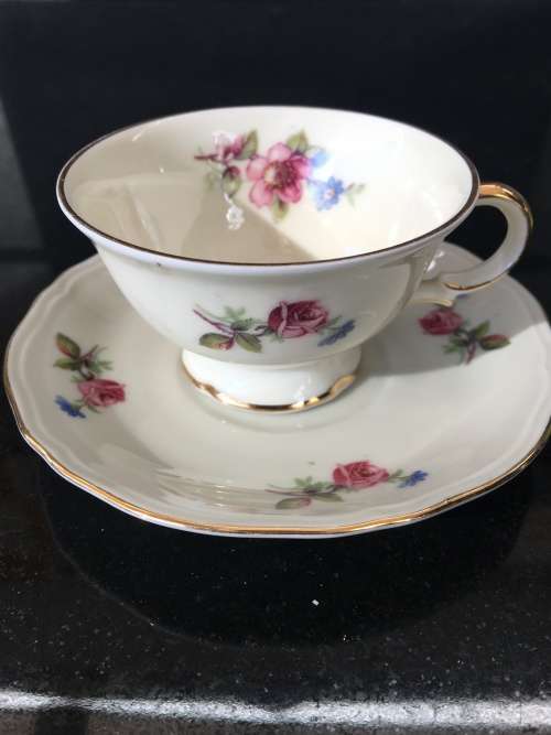 Antique Zeh Scherzer Bavaria  Germany Pedestal Demitasse cup and Saucer Rose design & Gold Gilt.