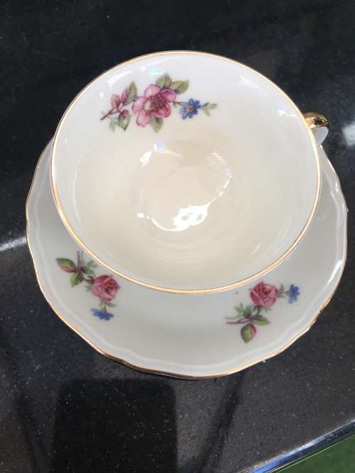 Antique Zeh Scherzer Bavaria  Germany Pedestal Demitasse cup and Saucer Rose design & Gold Gilt.