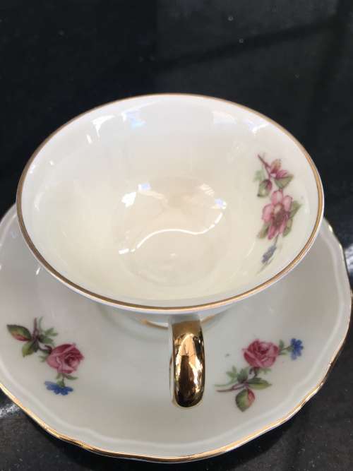 Antique Zeh Scherzer Bavaria  Germany Pedestal Demitasse cup and Saucer Rose design & Gold Gilt.