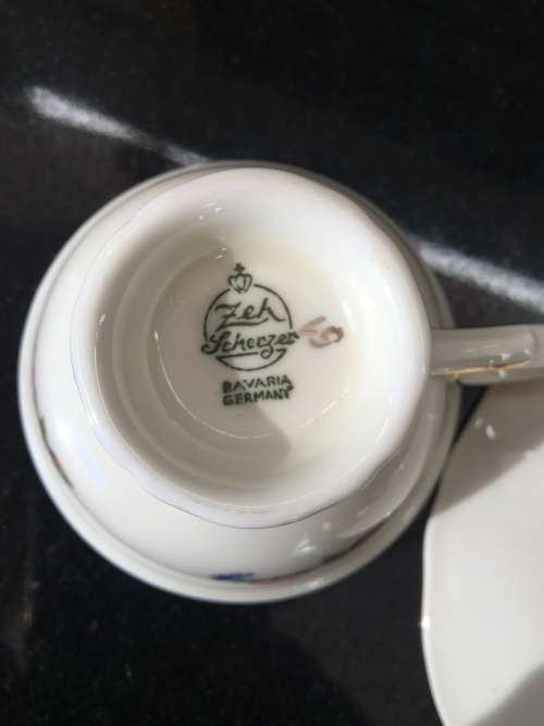 Antique Zeh Scherzer Bavaria  Germany Pedestal Demitasse cup and Saucer Rose design & Gold Gilt.