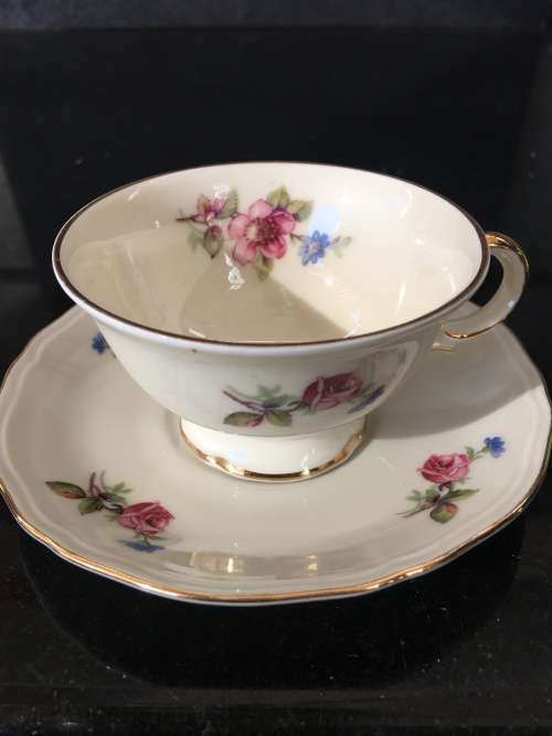 Antique Zeh Scherzer Bavaria  Germany Pedestal Demitasse cup and Saucer Rose design & Gold Gilt.