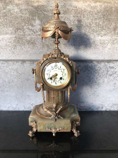 WOW !! HUGE ANTIQUE FRENCH GREEN ONYX AND BRASS MANTLE CLOCK BY A.D.MOUGIN WORKING 100% WITH THE KEY