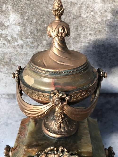 WOW !! HUGE ANTIQUE FRENCH GREEN ONYX AND BRASS MANTLE CLOCK BY A.D.MOUGIN WORKING 100% WITH THE KEY