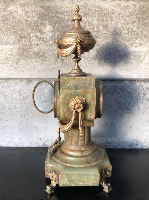 WOW !! HUGE ANTIQUE FRENCH GREEN ONYX AND BRASS MANTLE CLOCK BY A.D.MOUGIN WORKING 100% WITH THE KEY