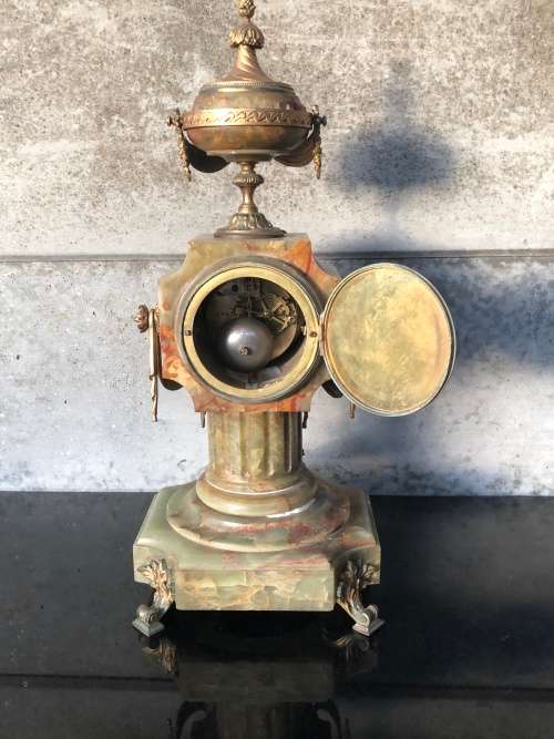 WOW !! HUGE ANTIQUE FRENCH GREEN ONYX AND BRASS MANTLE CLOCK BY A.D.MOUGIN WORKING 100% WITH THE KEY