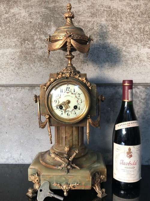 WOW !! HUGE ANTIQUE FRENCH GREEN ONYX AND BRASS MANTLE CLOCK BY A.D.MOUGIN WORKING 100% WITH THE KEY