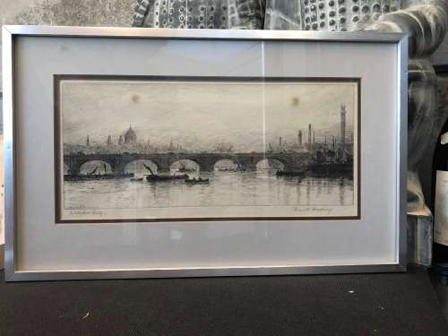 WOW !!! FRANK HARDING FRAMED ETCHING OF WATERLOO BRIDGE circa 1930's signed in pencil