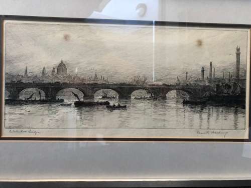 WOW !!! FRANK HARDING FRAMED ETCHING OF WATERLOO BRIDGE circa 1930's signed in pencil