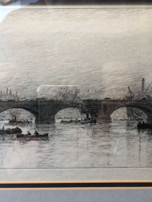 WOW !!! FRANK HARDING FRAMED ETCHING OF WATERLOO BRIDGE circa 1930's signed in pencil