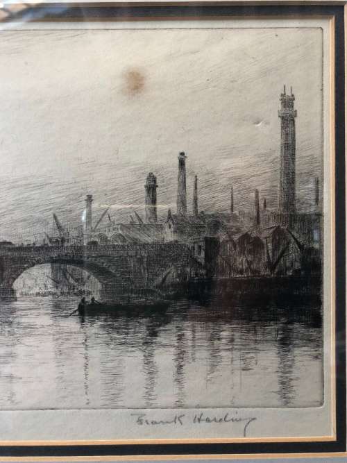 WOW !!! FRANK HARDING FRAMED ETCHING OF WATERLOO BRIDGE circa 1930's signed in pencil