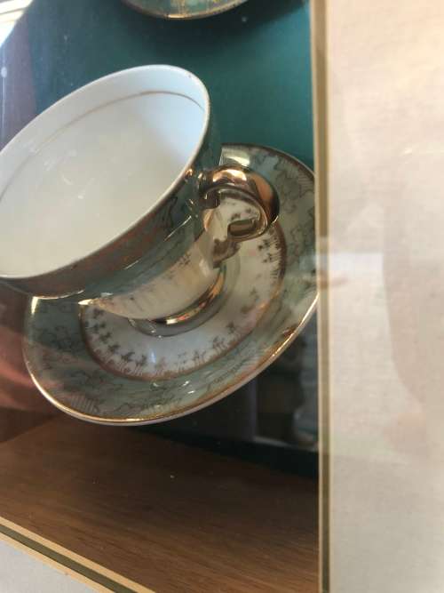 WOW !!! STUNNING BOX FRAMED VICTORIAN MOTHER OF PEARL GREEN AND GOLD TRIM TRIO ~ A BEAUTY