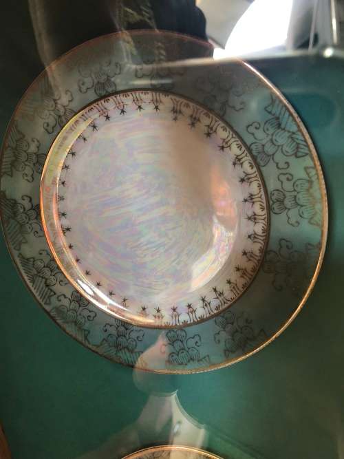 WOW !!! STUNNING BOX FRAMED VICTORIAN MOTHER OF PEARL GREEN AND GOLD TRIM TRIO ~ A BEAUTY