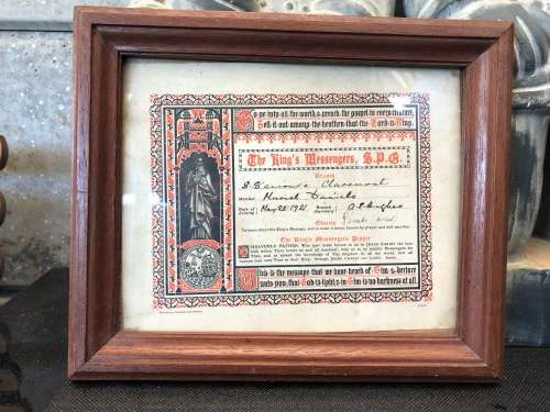 WOW !!! ALMOST ANTIQUE THE KING'S MESSENGERS FRAMED CERTIFICATE OF MEMBERSHIP dated 1921