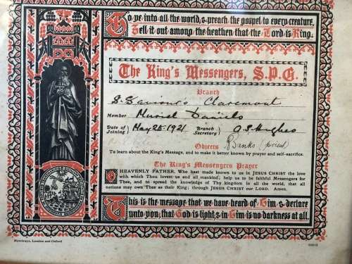 WOW !!! ALMOST ANTIQUE THE KING'S MESSENGERS FRAMED CERTIFICATE OF MEMBERSHIP dated 1921