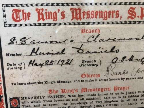 WOW !!! ALMOST ANTIQUE THE KING'S MESSENGERS FRAMED CERTIFICATE OF MEMBERSHIP dated 1921