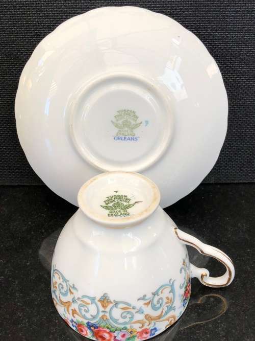 #2 ~ STUNNING RARE TUSCAN BONE CHINA "ORLEANS" ENGLISH PORCELAIN DUO circa 1947
