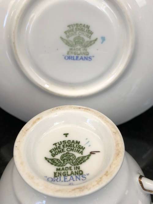 #2 ~ STUNNING RARE TUSCAN BONE CHINA "ORLEANS" ENGLISH PORCELAIN DUO circa 1947