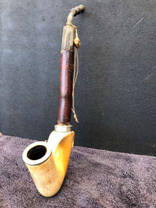 WOW !!! AWESOME ANTIQUE MEERSCHAUM PIPE WITH SILVER RIMS AND BENT MOUTH PIECE
