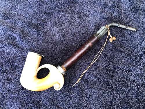 WOW !!! AWESOME ANTIQUE MEERSCHAUM PIPE WITH SILVER RIMS AND BENT MOUTH PIECE