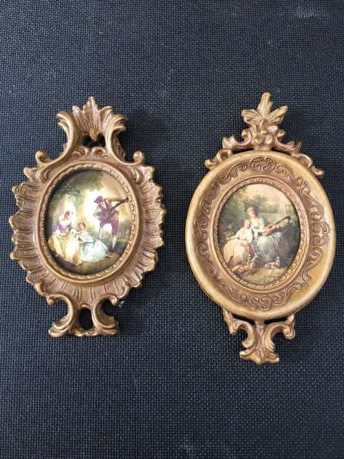 2 Stunning Victorian Pictured Italian Silk in Ornate Gold color Gilt Frames.