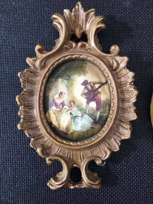 2 Stunning Victorian Pictured Italian Silk in Ornate Gold color Gilt Frames.