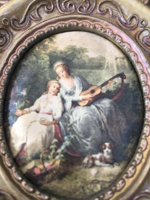 2 Stunning Victorian Pictured Italian Silk in Ornate Gold color Gilt Frames.