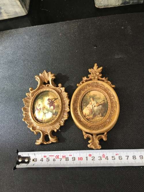 2 Stunning Victorian Pictured Italian Silk in Ornate Gold color Gilt Frames.