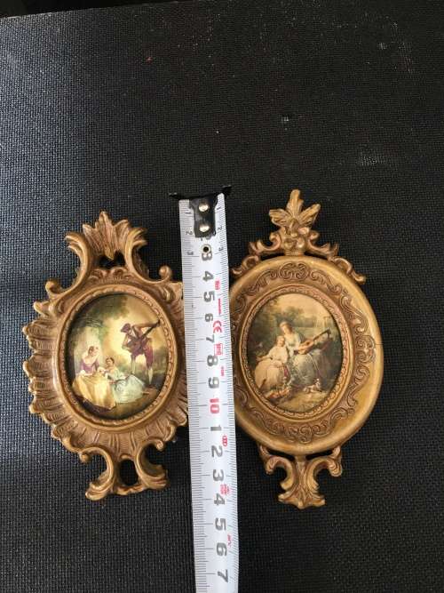 2 Stunning Victorian Pictured Italian Silk in Ornate Gold color Gilt Frames.