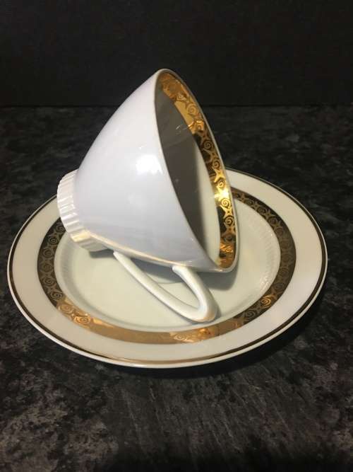 Vintage c1960s Upsala Ekeby Karlskrona 5629 Sweden,White & Gold Gilt Porcelain Cup & Saucer
