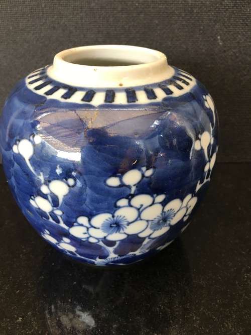 Stunning Collectible Antique Chinese Kangxi Double Blue Ring Prunus Ginger 11 cm. no Lid