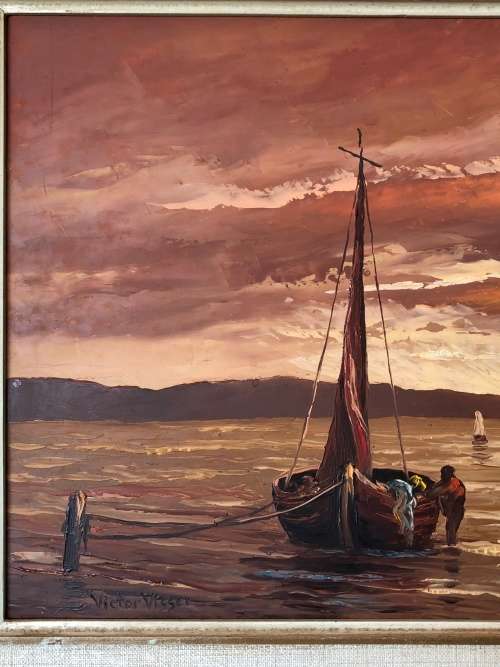 INVESTMENT ART~ FAMOUS SA ARTIST VICTOR VISSER (1907-1995) RARE OIL ON BOARD FISHERMEN - FRAMED