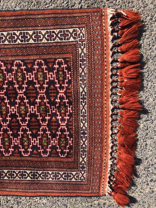 WHAT A BEAUTY - RARE TASSELED PURE WOOL HAND KNOTTED TURKMAN YAMOUT PERSIAN PRAYER RUG 1300 X 830mm