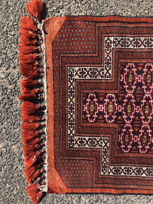 WHAT A BEAUTY - RARE TASSELED PURE WOOL HAND KNOTTED TURKMAN YAMOUT PERSIAN PRAYER RUG 1300 X 830mm
