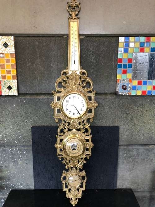 WOW !!! STUNNING HEAVY BRASS ROCOCO BAROMETER / CLOCK / HYDROMETER / THERMOMETER WEATHER STATION