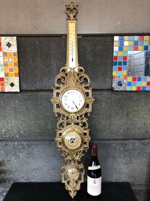 WOW !!! STUNNING HEAVY BRASS ROCOCO BAROMETER / CLOCK / HYDROMETER / THERMOMETER WEATHER STATION
