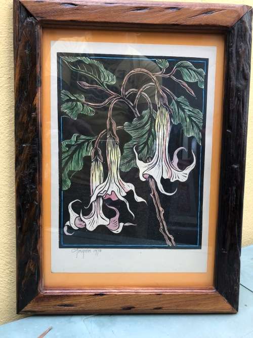 WOW !!! GREGOIRE BOONZAAIER WATERCOLORED LINOCUT DATED 1978 AND AUTHENTICATED ON THE BACK
