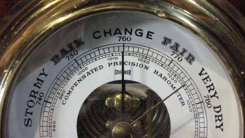 STUNNING GERMAN STOCKBURGER SHIPS WHEEL BAROMETER ON A WOODEN BASE IN FULL WORKING ORDER