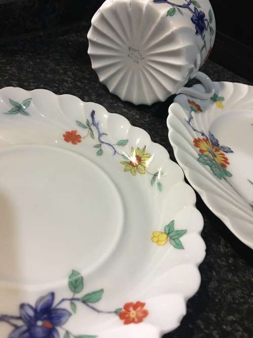 Stunning Rare c1962 Haviland France Lemoges Eggshell scalloped floral fine bone porcelain Trio