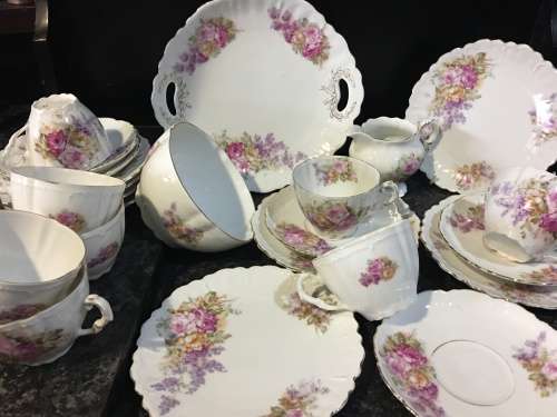Absolutely Beautiful Antique Fine Raised Porcelain Petite Victorian Style Rose Bouquet Tea Trio